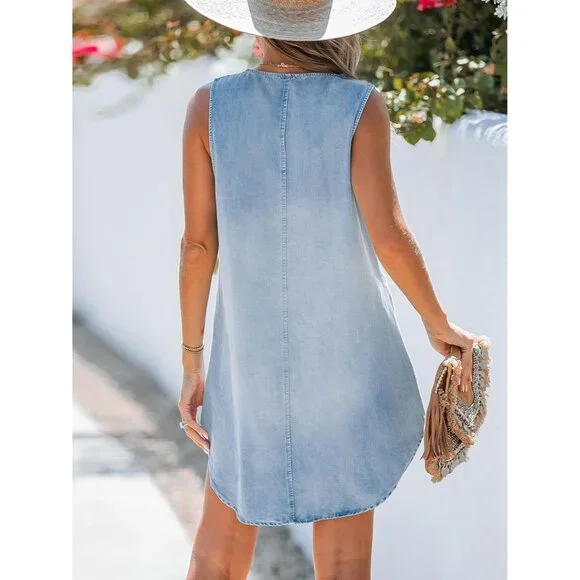 Women's Denim Mini Dress V Neck Sleeveless Casual Summer Outfits - Picture 2 of 6